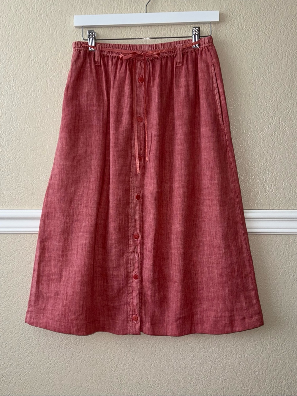 Vintage 100% Linen Carole Little Button Front Midi Skirt Bow Pink Size Medium